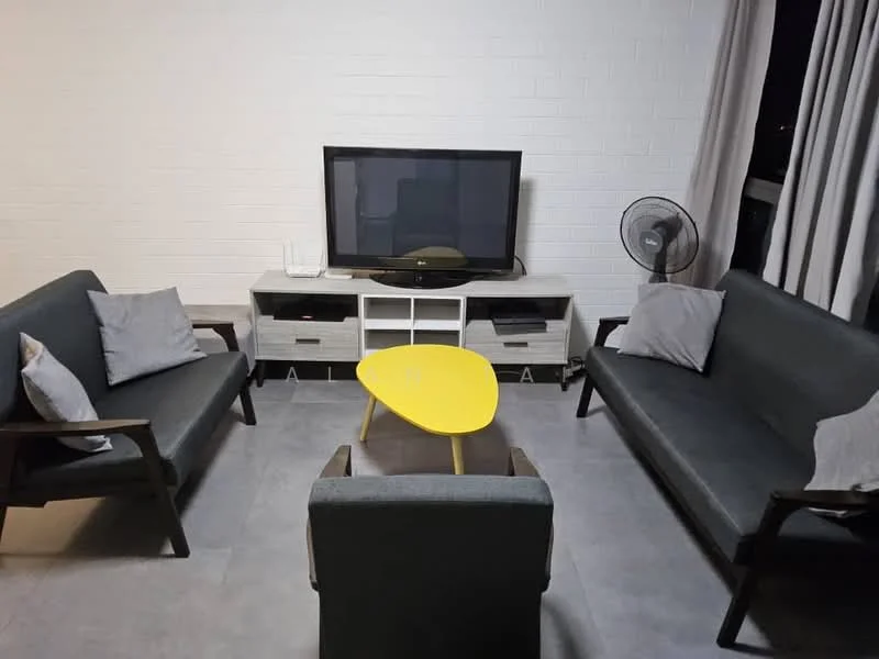 Living features: 2-seater fabric sofa in grey, 3-seater fabric sofa in grey, yellow coffee table, TV console, wall-mounted TV, floor fan, light grey curtains, white painted walls, grey tile flooring; style: modern.