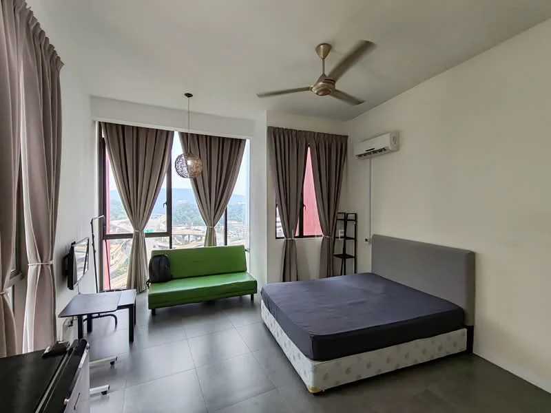 Bedroom features: queen-size bed with grey upholstered headboard, green fabric sofa, floor-to-ceiling windows, sheer curtains, blackout curtains, wall-mounted TV, 1 wall-mounted split AC, ceiling fan, grey tiled flooring, decorative pendant light; style: modern; view: city.