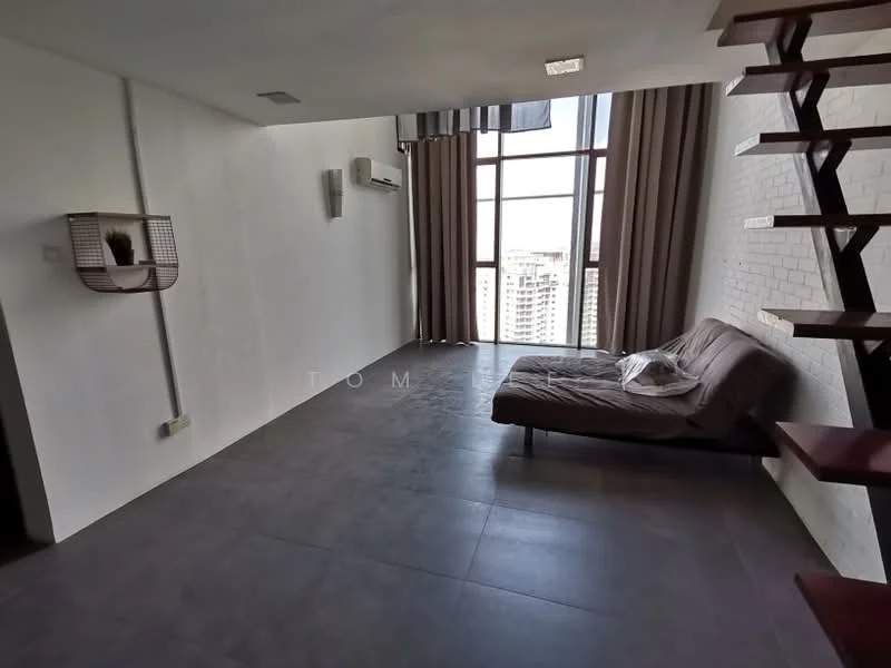 Living features: grey tiled flooring, white painted walls, exposed brick wall, floor-to-ceiling windows, curtains, air conditioning unit, sofa bed, wooden staircase, shelving unit, recessed ceiling lights; style: modern; view: city.