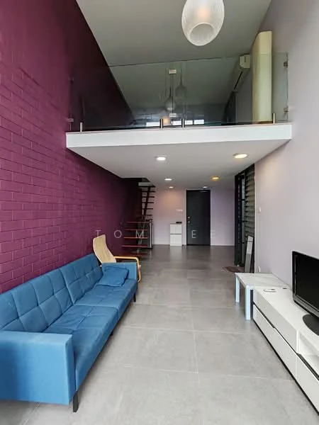 Living features: blue fabric sofa, grey tiled flooring, purple painted accent wall, white walls, glass railing, recessed downlights, wall-mounted TV, white TV console, wooden staircase, large windows, open layout; style: modern.