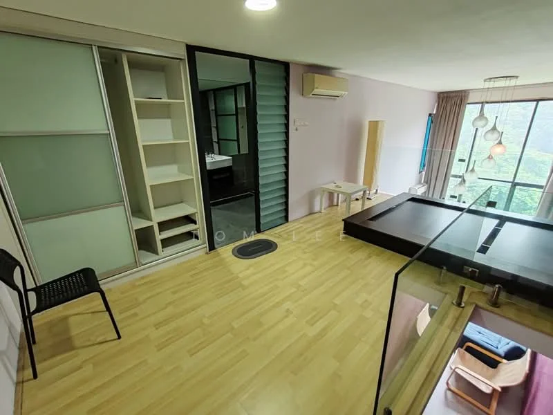 Room features: light wood flooring, large floor-to-ceiling windows, sliding glass door, built-in wardrobe with sliding doors, air conditioning unit, recessed ceiling lights, open space layout, small dining table, black chair, decorative pendant lights; style: modern; view: garden.