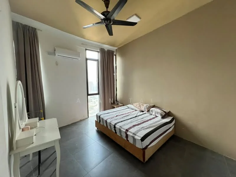 Bedroom features: king-size bed with striped bedding, upholstered headboard, 2 bedside lamps, white dressing table with mirror, floor-to-ceiling window, curtains, wall-mounted split AC, ceiling fan with light, grey painted walls, dark tile flooring; style: modern; view: city.