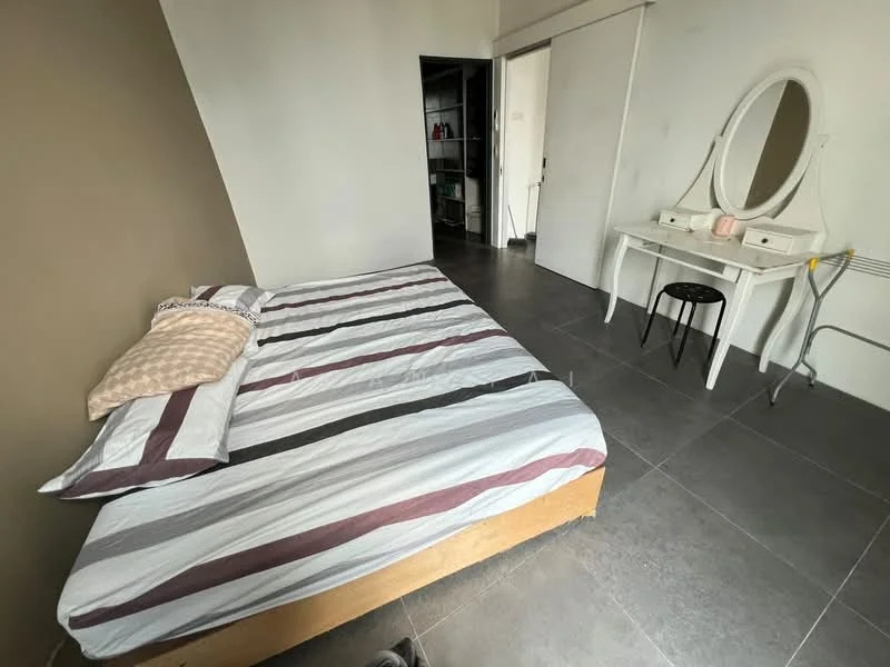 Bedroom features: queen-size bed with striped bedding, wooden bed frame, grey floor tiles, accent wall in brown, white painted walls, dressing table with round mirror, black stool, built-in wardrobe, sliding door, window with natural light; style: modern.