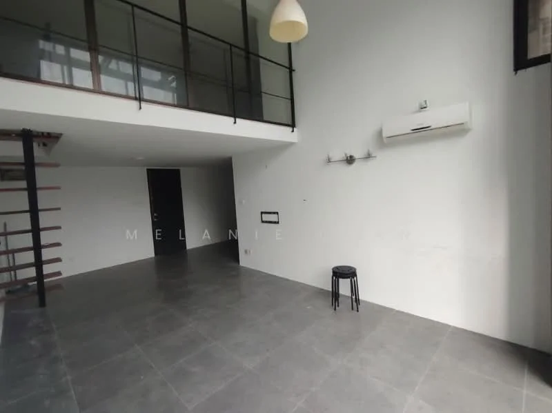 Living features: grey tile flooring, white painted walls, exposed ceiling with pendant light, wall-mounted split AC, black stool, open space with high ceiling, large windows for natural light, staircase leading to upper level; style: modern.