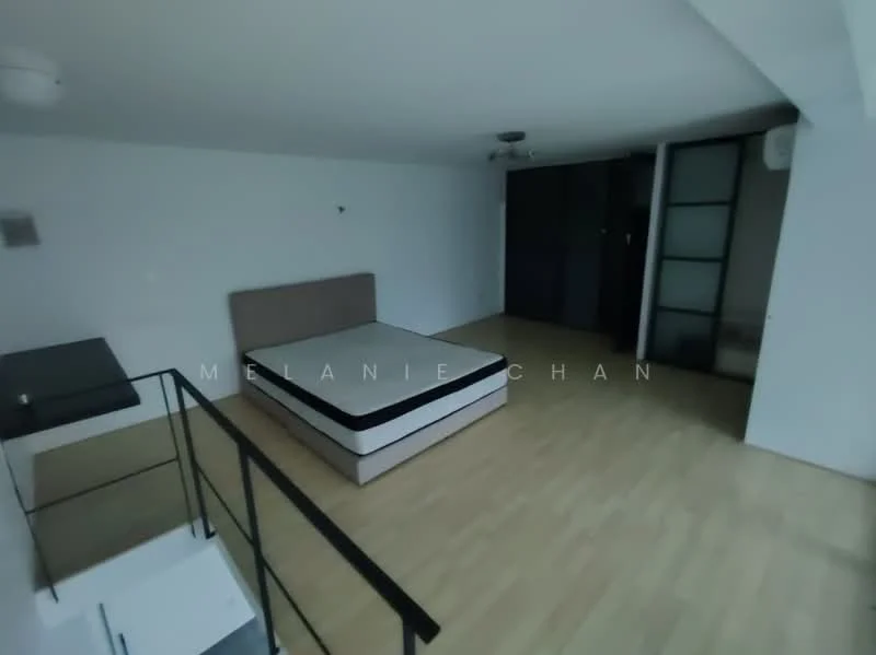 Bedroom features: wooden flooring, white painted walls, queen-size bed, built-in wardrobe with sliding doors, ceiling light fixture, window with sheer curtains, minimalist decor, open layout; style: modern.
