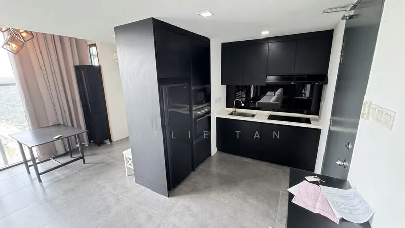 Kitchen features: black cabinetry, white countertop, single-bowl stainless-steel sink, chrome pull-down faucet, built-in stove, built-in oven, refrigerator, grey tile flooring, pendant lighting, floor-to-ceiling windows, open layout, wall-mounted cabinets; style: modern; view: city.
