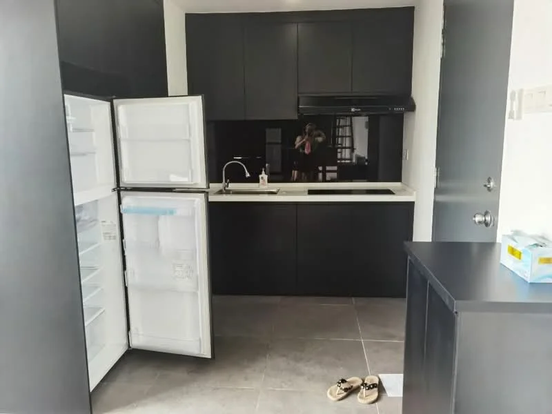 Kitchen features: black cabinetry, white countertop, stainless-steel sink, chrome pull-down faucet, built-in oven, stainless-steel fridge, ceramic tile flooring, black backsplash, induction hob, open shelving, wall-mounted cabinets, recessed lighting; style: modern.