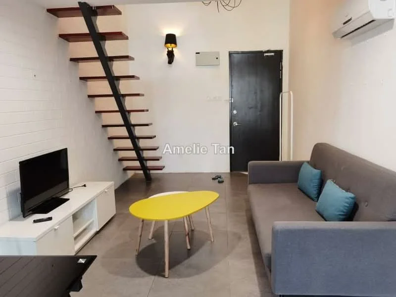 Living features: grey fabric sofa, yellow coffee table, white TV console, wall-mounted TV, black door, air conditioning unit, exposed staircase, recessed lighting, tile flooring, white painted walls, wall sconce; style: modern.