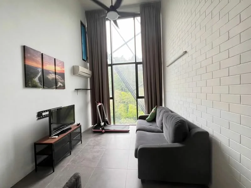 Living features: grey fabric sofa, wall-mounted TV, black TV console, floor-to-ceiling windows, curtains, 5-blade ceiling fan, air conditioning unit, tile flooring, green accent pillow, view of greenery outside; style: modern; view: garden.