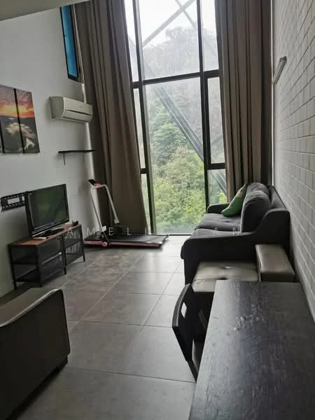Living features: floor-to-ceiling windows, grey fabric sofa, black coffee table, TV console, wall-mounted TV, air conditioning unit, light grey tile flooring, curtains, green decorative pillow, exercise treadmill; style: modern; view: garden.