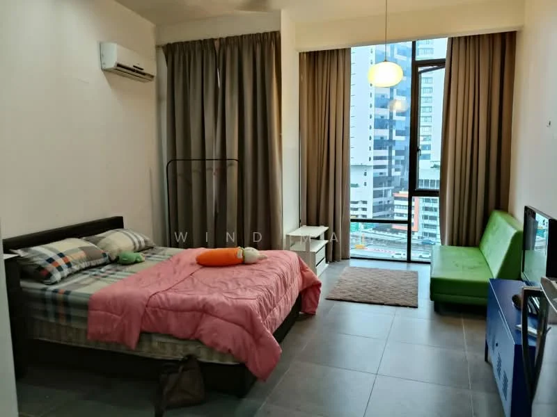Bedroom features: queen-size bed with pink bedding, green sofa, floor-to-ceiling windows, curtains in light grey, air conditioning unit, light pendant, carpeted area rug, TV console, tile flooring, decorative wall art; style: modern; view: city.
