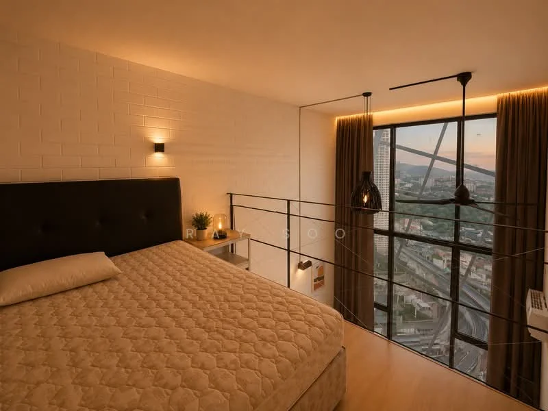 Bedroom features: king-size bed, upholstered headboard, nightstand with lamp, floor-to-ceiling windows, curtains, wooden flooring, exposed brick wall, recessed lighting, pendant light, city view, wall-mounted air conditioning unit; style: modern; view: city.