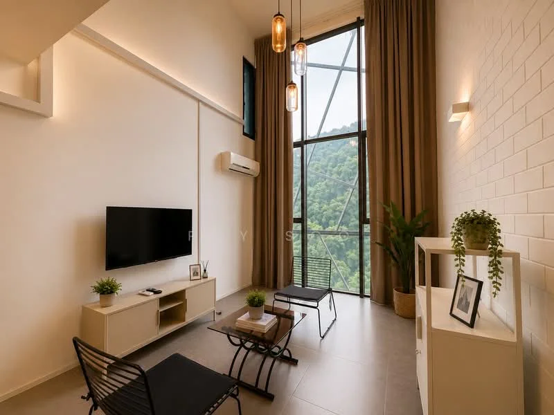 Living features: floor-to-ceiling windows, mountain view, light grey tiled flooring, white painted walls, exposed brick wall, 2 black metal lounge chairs, wooden coffee table, TV console with storage, wall-mounted TV, air conditioning unit, decorative plant, sheer curtains, hanging pendant lights; style: modern.