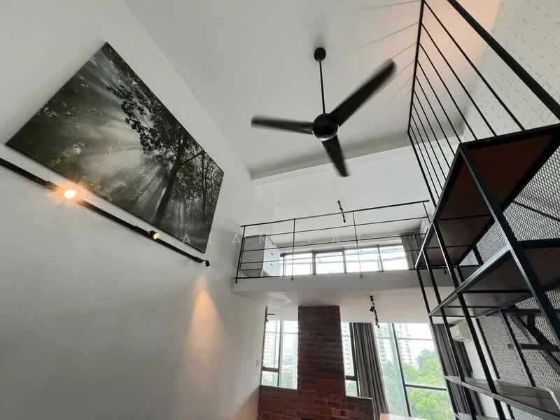 Room features: white painted walls, exposed brick wall, 5-blade ceiling fan, large windows, metal railing, wooden flooring, artwork on wall, recessed lighting; style: modern; view: city.