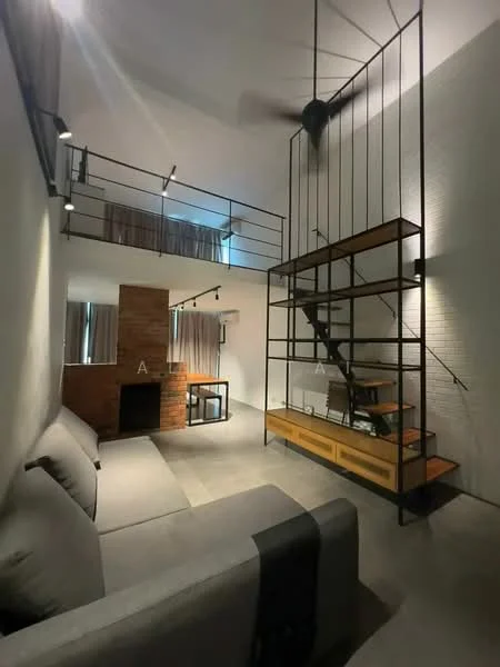 Living features: grey fabric sofa, wooden coffee table, exposed brick wall, high ceiling, metal staircase, ceiling fan, large windows with sheer curtains, concrete flooring, wooden shelving unit, fireplace; style: modern.
