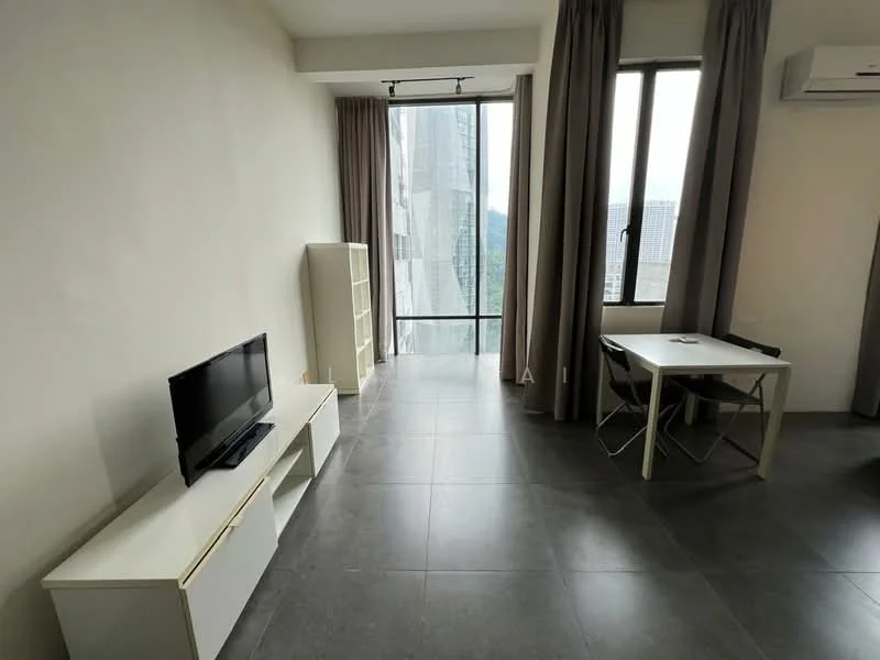 Living features: grey tile flooring, white painted walls, floor-to-ceiling windows, sheer curtains, wall-mounted air conditioning unit, TV console, flat-screen TV, dining table, folding chairs, bookshelf, city view; style: modern; view: city.