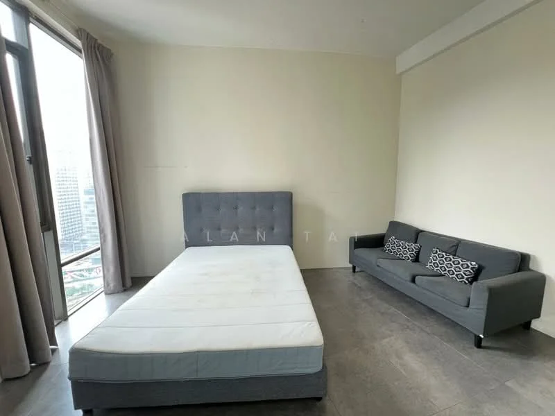 Bedroom features: queen-size bed frame without mattress, grey fabric sofa, floor-to-ceiling windows, curtains, grey wall, tile flooring, city view, decorative cushions on sofa; style: modern; view: city.