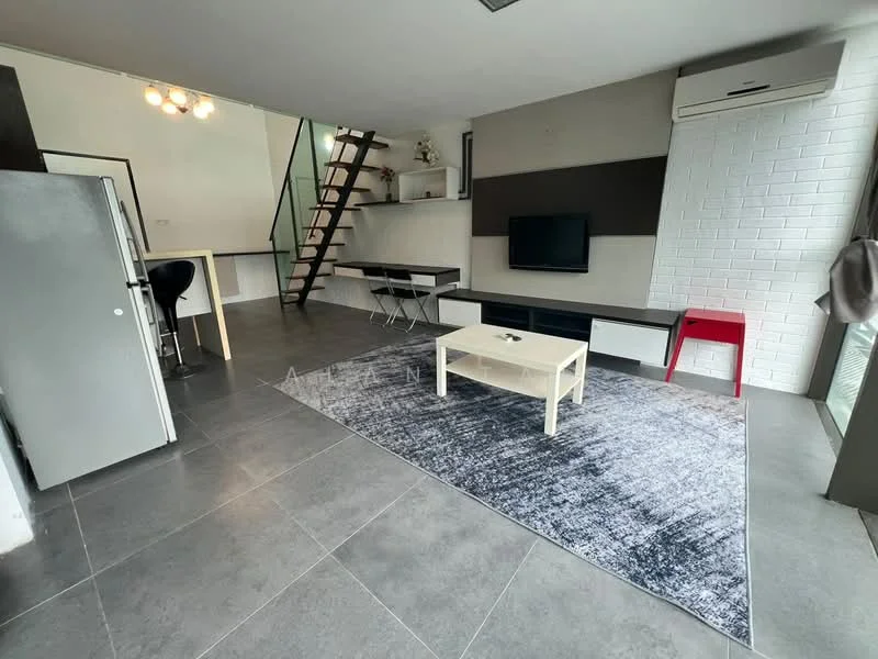 Living features: grey tile flooring, white painted walls, exposed brick wall, wall-mounted TV, white TV console, black shelving unit, coffee table in white, area rug with abstract pattern, floor-to-ceiling windows, air conditioning unit, staircase leading to upper level, black bar stools at counter, dining table with two chairs; style: modern; view: city.