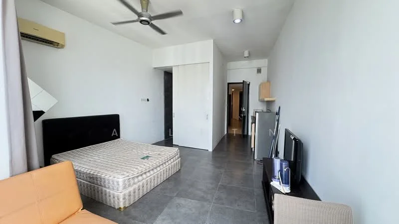 Bedroom features: queen-size bed, upholstered headboard, 2-seater fabric sofa in orange, wall-mounted TV, floor-to-ceiling window, grey tiled flooring, 1 wall-mounted split AC, ceiling fan, built-in wardrobe, neutral painted walls, recessed downlights; style: modern.