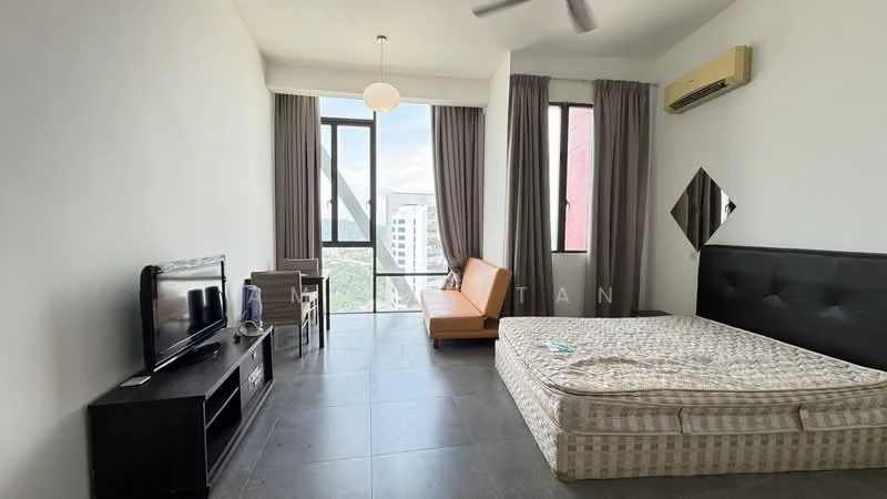 Bedroom features: queen-size bed, upholstered headboard, sofa in orange, TV console, wall-mounted TV, floor-to-ceiling windows, grey curtains, ceiling fan, air conditioning unit, tile flooring, decorative mirror; style: modern; view: city.