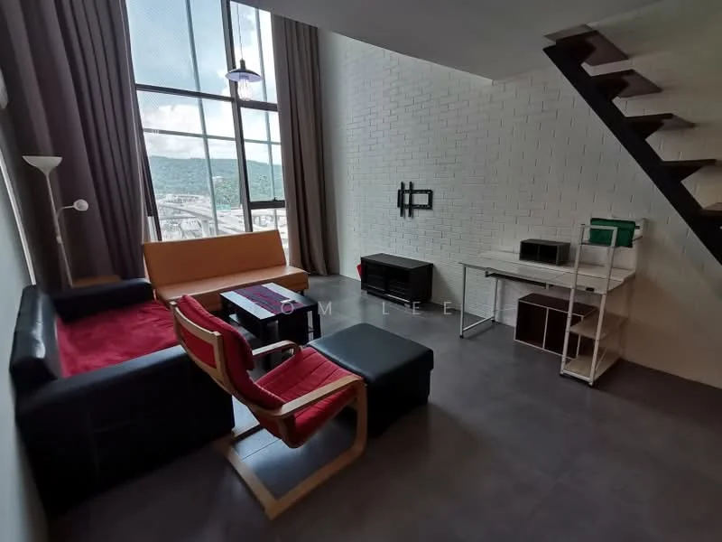 Living features: grey tile flooring, white painted walls, exposed brick accent wall, large windows with city view, curtains, 3-seater black leather sofa, red upholstered armchair, black coffee table, TV console, study desk with chair, floor lamp, staircase, decorative wall art; style: modern; view: city.