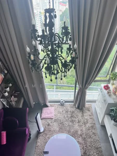 Living features: chandelier, floor-to-ceiling windows, grey curtains, plush area rug, purple velvet sofa, white console table, decorative plants, city view; style: modern; view: city.