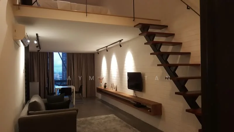 Living features: grey fabric sofa, 2-seater sofa, wooden coffee table, TV console with wall-mounted TV, recessed LED downlights, exposed brick wall, concrete flooring, floor-to-ceiling windows with city view, curtains, wooden staircase leading to loft area; style: modern; view: city.