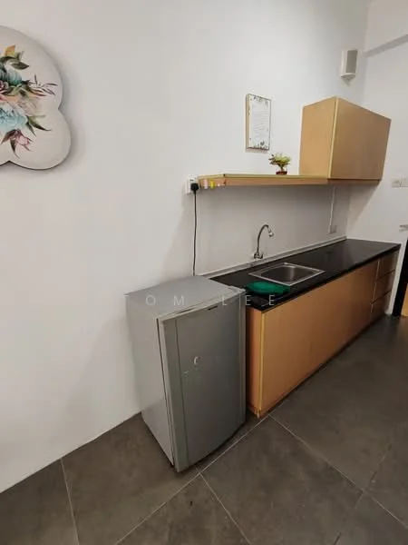 Kitchen features: grey granite countertop, single-bowl stainless-steel sink, chrome pull-down faucet, wood cabinetry, stainless-steel fridge, white painted walls, tile flooring, wall-mounted shelf, decorative wall art; style: modern.