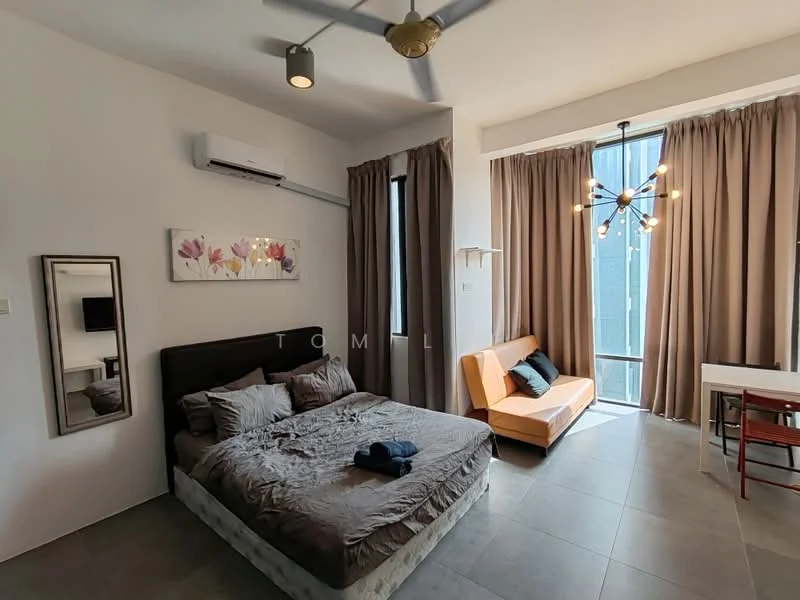 Bedroom features: king-size bed with grey bedding, upholstered headboard, 2 bedside lamps, sofa bed in orange, study desk with chair, floor-to-ceiling windows, sheer curtains, wall-mounted air conditioning unit, decorative wall art with floral pattern, mirror on wall, ceiling fan with light, grey tiled flooring; style: modern; view: city.