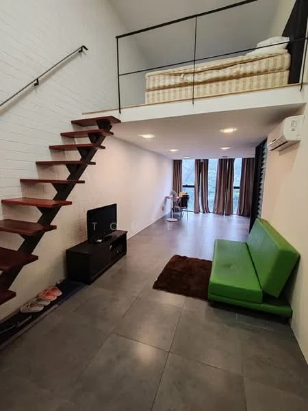 Living features: green fabric sofa, wooden staircase, TV console, wall-mounted TV, tile flooring, recessed downlights, floor-to-ceiling windows, sheer curtains, area rug, air conditioning unit; style: modern. Bedroom features: mattress on bed frame, wooden railing, unknown bedding.