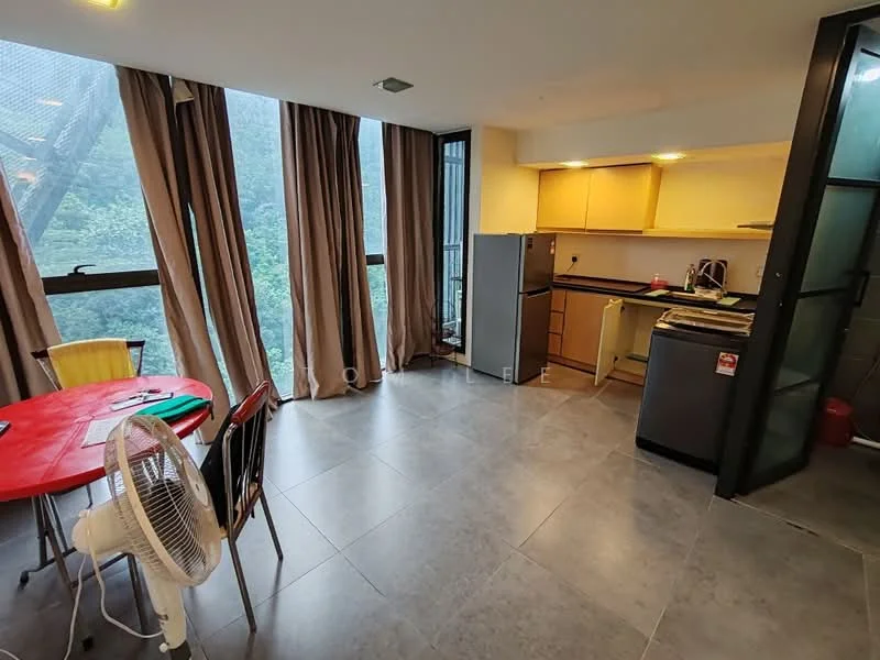 Kitchen features: grey tiled flooring, white painted walls, kitchen cabinets in light wood, stainless-steel fridge, built-in oven, freestanding range oven, double-bowl stainless-steel sink, chrome pull-down faucet, countertop with space for appliances, floor-to-ceiling windows, sheer curtains, dining table with red tabletop, 4 dining chairs, ceiling light fixture; style: modern; view: garden.