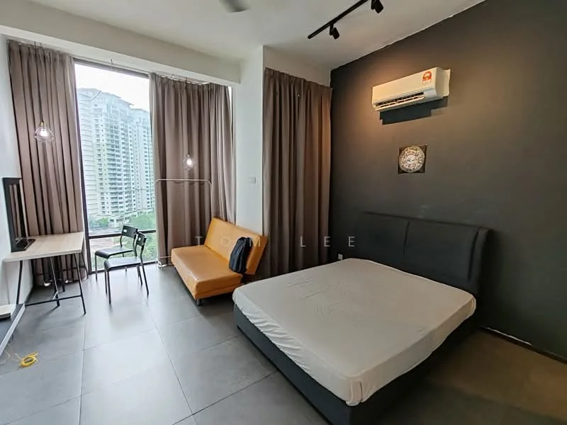 Bedroom features: king-size bed, upholstered headboard, floor-to-ceiling windows, grey accent wall, light grey tile flooring, 2 pendant lights, air conditioning unit, black desk, black chair, orange sofa, curtains, decorative wall art; style: modern; view: city.