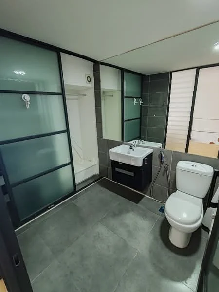 Bathroom features: grey ceramic tile flooring, white painted walls, glass shower enclosure, single-sink vanity with dark wood cabinet, chrome basin mixer faucet, toilet with dual flush, mirror above vanity, recessed downlights, sliding glass door, towel rack; style: modern.