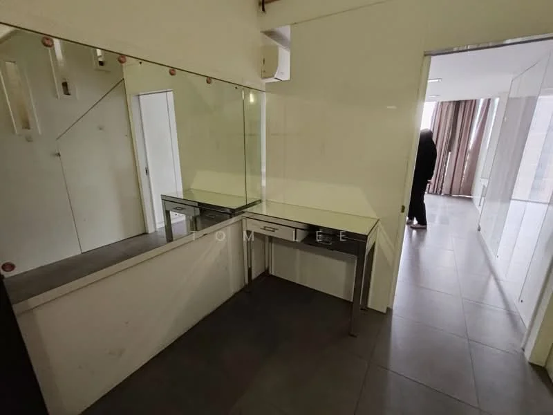 Room features: mirror wall, white walls, grey tile flooring, built-in vanity table with chrome legs, natural light from window, curtains, minimalist design; style: modern; view: city.
