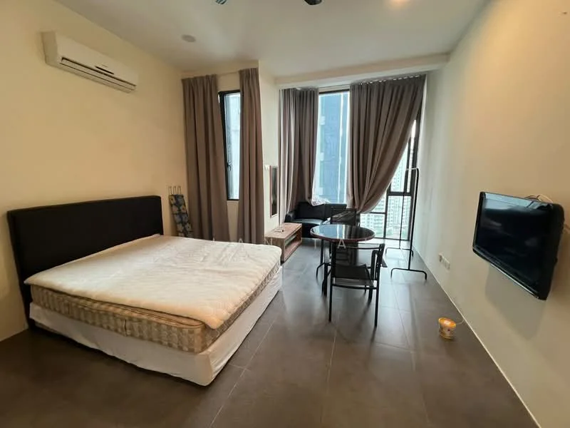 Room features: queen-size bed, black upholstered headboard, light grey bedding, floor-to-ceiling windows, sheer curtains, dark curtains, wall-mounted TV, small round dining table, 2 dining chairs, sofa, air conditioning unit, tile flooring, decorative candle; style: modern; view: city.