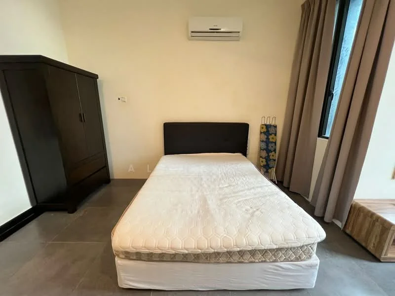 Bedroom features: queen-size bed, upholstered headboard, wooden wardrobe, floor-to-ceiling window, curtains, wall-mounted split AC, tile flooring, nightstand; style: modern.