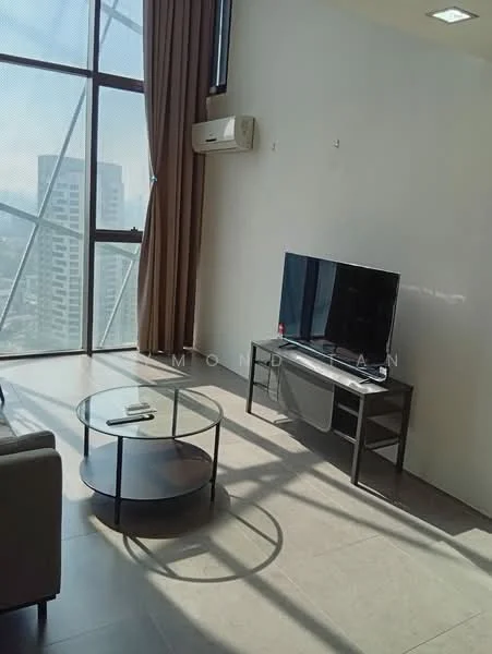 Living features: floor-to-ceiling windows, curtains, wall-mounted TV, TV console, coffee table, sofa, air conditioning unit, tile flooring, natural light, city view; style: modern; view: city.