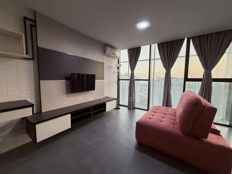 Living features: pink fabric sofa, wall-mounted TV, TV console, white painted walls, grey accent wall, floor-to-ceiling windows, sheer curtains, dark tile flooring, air conditioning unit, recessed ceiling lights; style: modern; view: city.