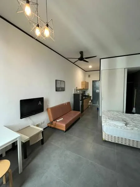 Living features: grey tile flooring, white painted walls, black ceiling with recessed lighting, 3-blade ceiling fan, wall-mounted TV, brown leather sofa, small dining table with two chairs, kitchenette with wooden cabinetry, refrigerator, microwave, countertop with sink; style: modern. Bedroom features: queen-size bed, mattress without bedding, built-in wardrobe with sliding doors; style: modern.