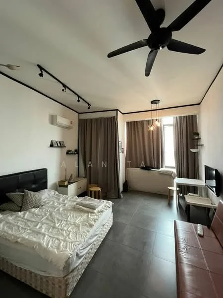 Bedroom features: queen-size bed with upholstered headboard, 2 bedside stools, ceiling fan with light, wall-mounted air conditioning unit, floor-to-ceiling windows, curtains, study desk, chair, wall-mounted TV, sofa, grey tile flooring; style: modern; view: city.