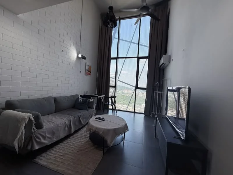 Living features: grey fabric sofa, round coffee table, wall-mounted TV, black TV console, floor-to-ceiling windows, curtains, ceiling fan with light, exposed brick wall, grey tile flooring, decorative artwork on wall, dining table for two; style: modern; view: city.