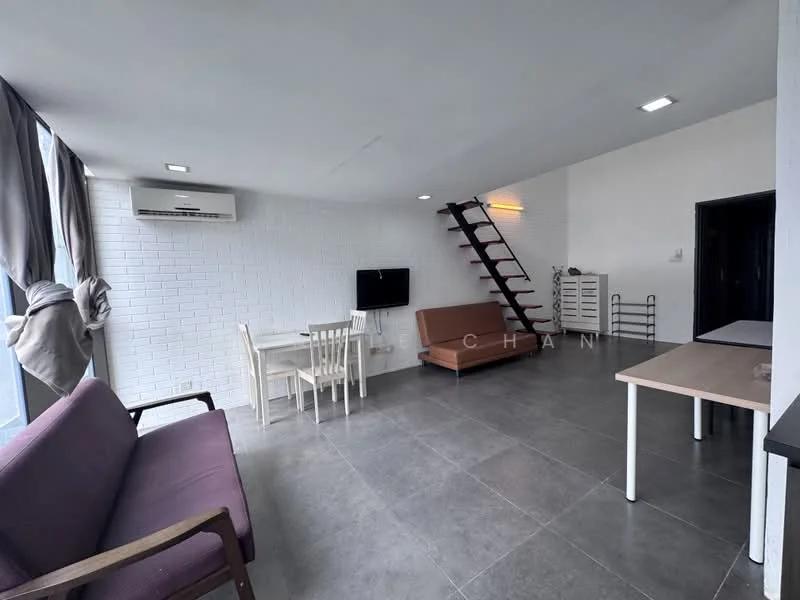 Living features: grey tile flooring, white painted walls, exposed brick wall, 5-blade ceiling fan with light, wall-mounted TV, sofa in dark purple, 2-seater dining table with white chairs, staircase with wooden steps, air conditioning unit, large windows with sheer curtains; style: modern; view: city.