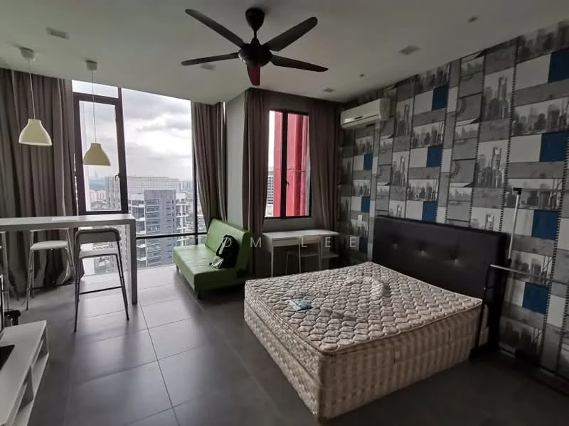 Living features: floor-to-ceiling windows, green fabric sofa, black upholstered bed frame, woven storage basket, ceiling fan with light, grey tiled flooring, curtains, wall-mounted air conditioning unit, decorative wallpaper with cityscape pattern, dining table with two pendant lights; style: modern; view: city.