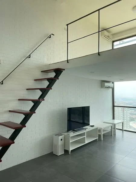 Living features: white painted walls, grey tile flooring, floor-to-ceiling windows, black metal staircase, TV console, wall-mounted TV, air conditioning unit, open layout, natural light, minimalist decor; style: modern; view: city.