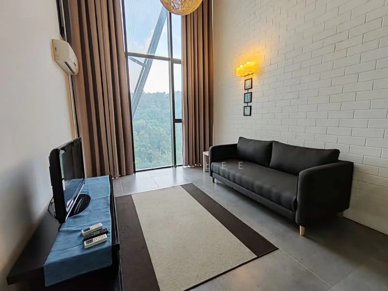 Living features: floor-to-ceiling windows, grey fabric sofa, TV console, wall-mounted TV, area rug with geometric pattern, decorative wall sconce, curtains, exposed brick wall, tile flooring, ceiling light fixture; style: modern; view: mountain.