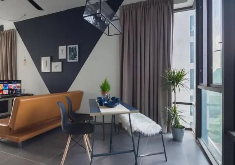 Living features: brown leather sofa, black dining table, 4 black dining chairs, grey tile flooring, floor-to-ceiling windows, sheer curtains, decorative plants, geometric wall design in black and white, pendant light fixture, TV console with wall-mounted TV, area rug; style: modern; view: garden.