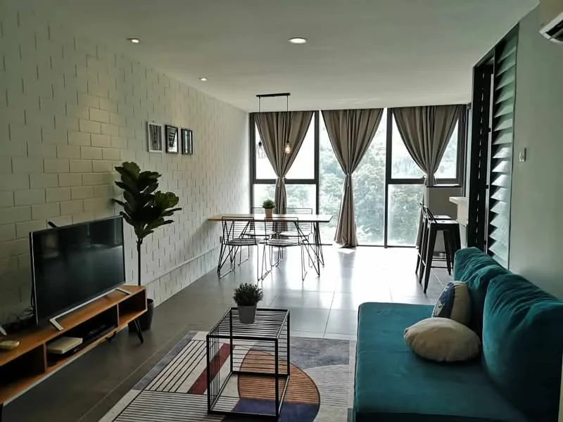 Living features: grey painted walls, white tiled flooring, 5-blade ceiling fan with light, floor-to-ceiling windows, sheer curtains, blue fabric sofa, coffee table with metal frame, area rug with geometric pattern, TV console with wooden finish, wall-mounted TV, decorative plant in ceramic pot, dining table with metal legs, black dining chairs; style: modern; view: garden.