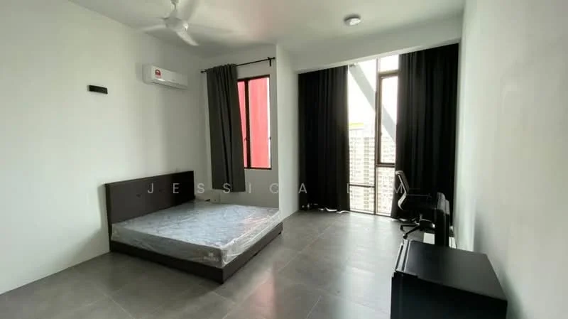 Bedroom features: grey tiled flooring, white painted walls, 5-blade ceiling fan, floor-to-ceiling windows, blackout curtains, sheer curtains, single bed frame without mattress, desk with chair, wall-mounted air conditioning unit; style: modern; view: city.