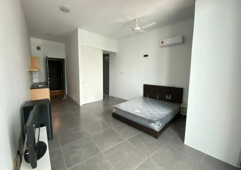 Bedroom features: queen-size bed, wall-mounted TV, 1 wall-mounted split AC, ceiling fan, grey tile flooring, white painted walls, built-in wardrobe, small kitchenette with sink; style: modern.