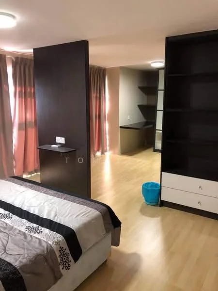 Bedroom features: queen-size bed with patterned bedding, wooden flooring, floor-to-ceiling windows with sheer curtains, built-in wardrobe with sliding doors, wall-mounted shelf, light fixture in ceiling, decorative wall panel, small waste bin; style: modern. Room features: open space leading to another room, light-colored walls, built-in shelving unit, natural light from windows.